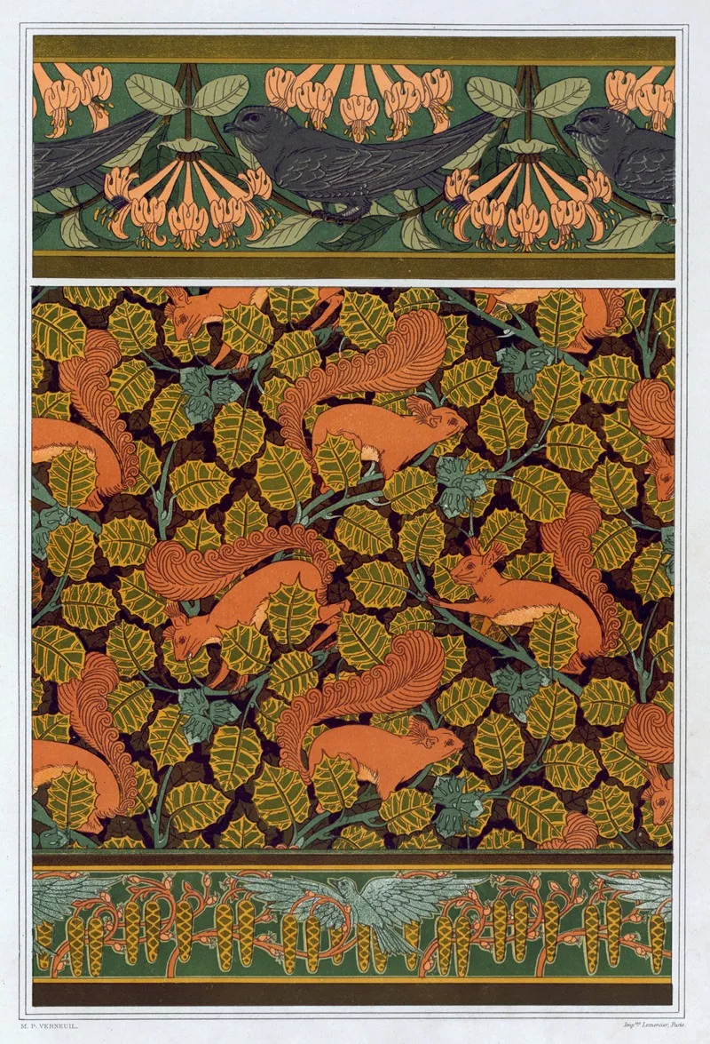 Martinets Et Chevrefeuille Bordure Ecureuils Et Noisetier Papier Peint Oiseaux Et Noisetier En Fleur Bordure by Maurice Pillard Verneuil - Canvas Print