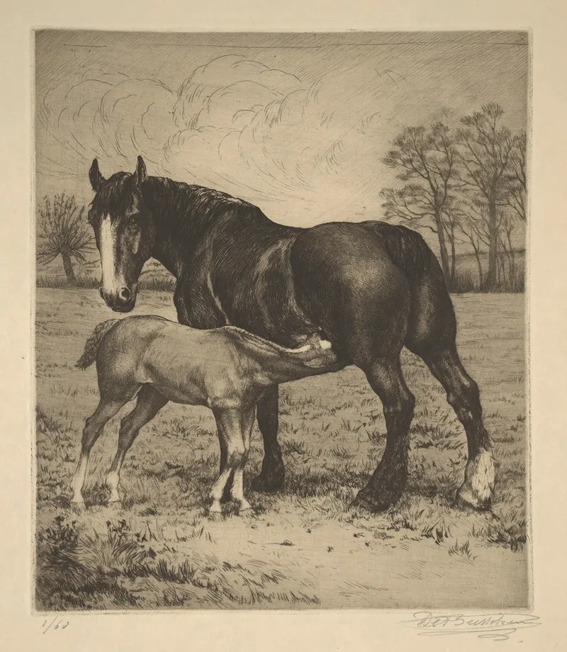Maternite Jument Et Poulain Tetant by Constant Eugène de Busschere - Canvas Print