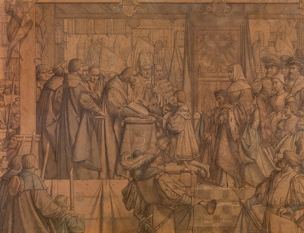 Mayor Jan Van De Werve Receives The Oath From Prince Charles In 1515 by Godfried Guffens - Canvas Print