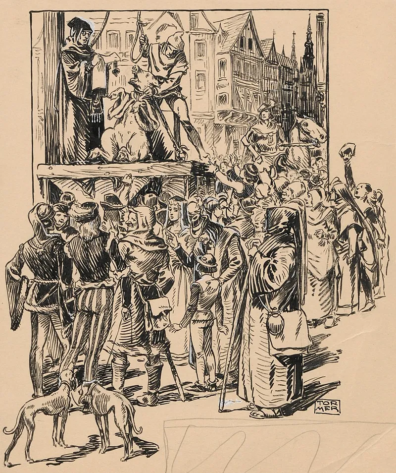 Medieval Motif An Executioner Prepares To Hang A Pig Dressed In A Robe While Another Man Reads Out A Decree by Georg Tormer - Canvas Print
