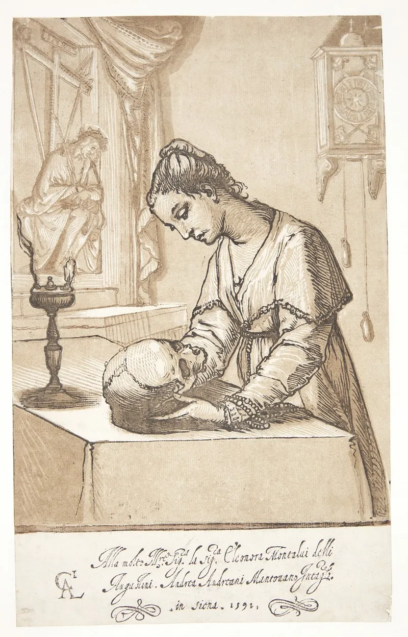 Meditating Woman With A Skull by Andrea Andreani - Canvas Print