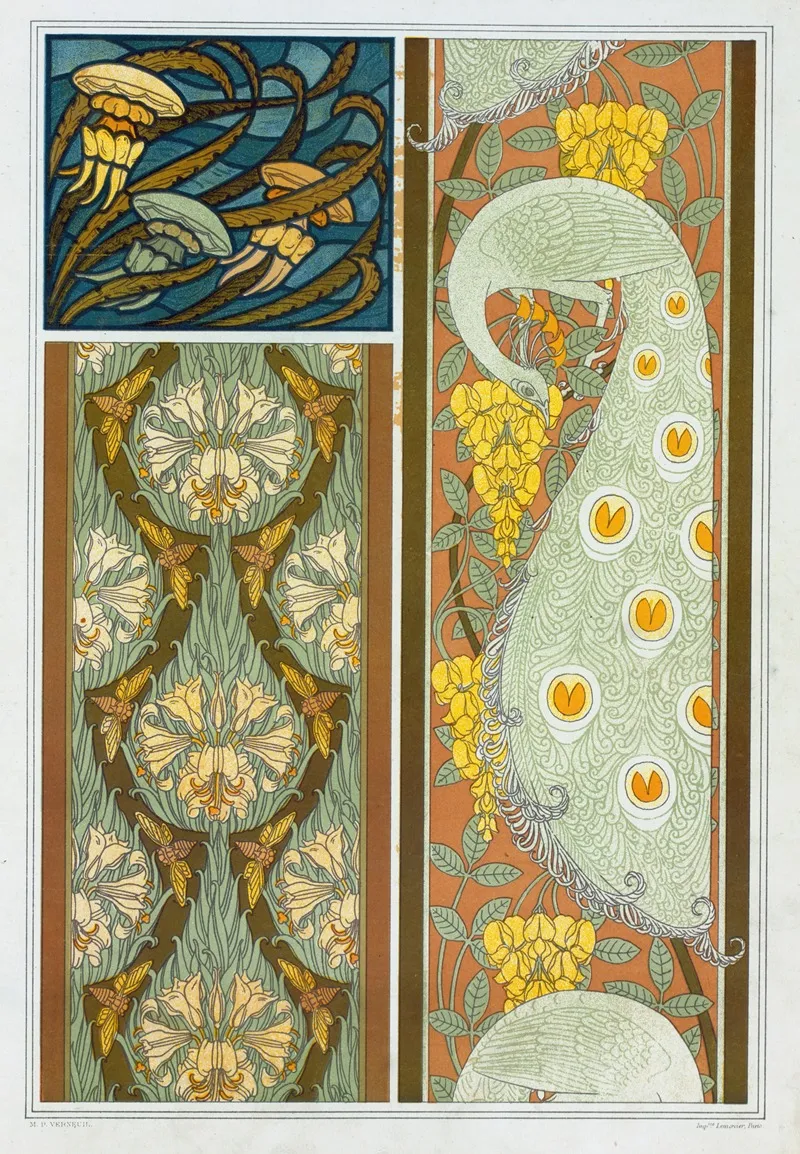 Meduses Et Algues Vitrail Cigales Et Lis Paons Et Cytise Bordures