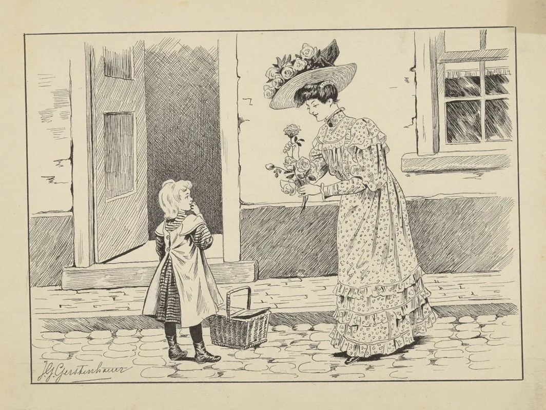 Meisje En Een Vrouw Met Rozen Op Een Straat by Johan Georg Gerstenhauer Zimmerman - Canvas Print