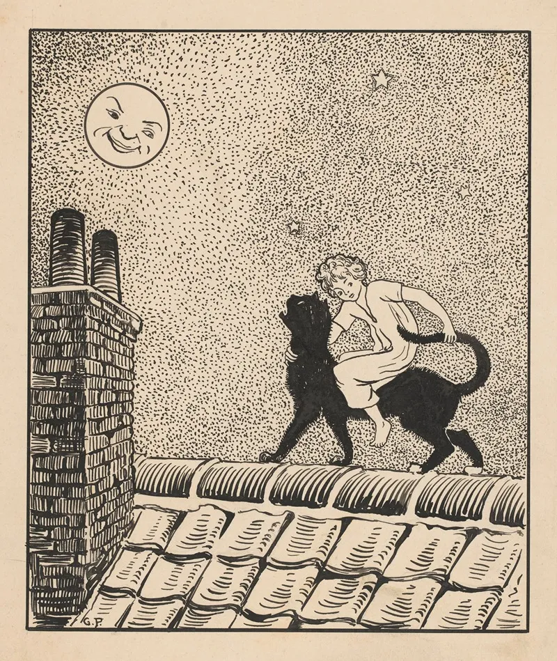 Meisje Rijdt Op Een Kat Over De Daken by Gust van de Wall Perné - Canvas Print