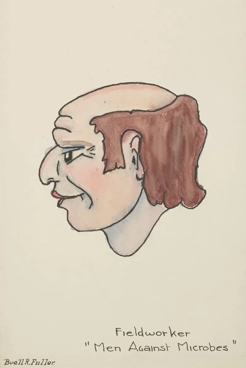 Men Against Microbesmarionettes Fieldworker Head With Pink Lips And Balding Brown Hair by Buell Fuller - Canvas Print