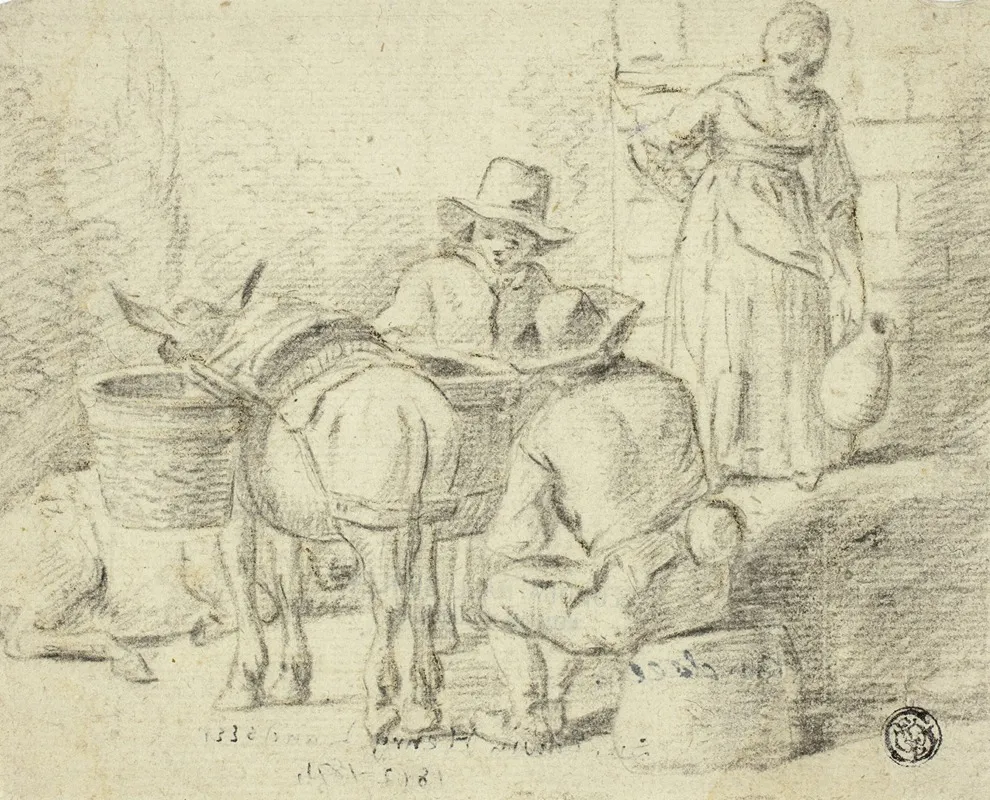 Men And Donkeys Woman With Pitcher