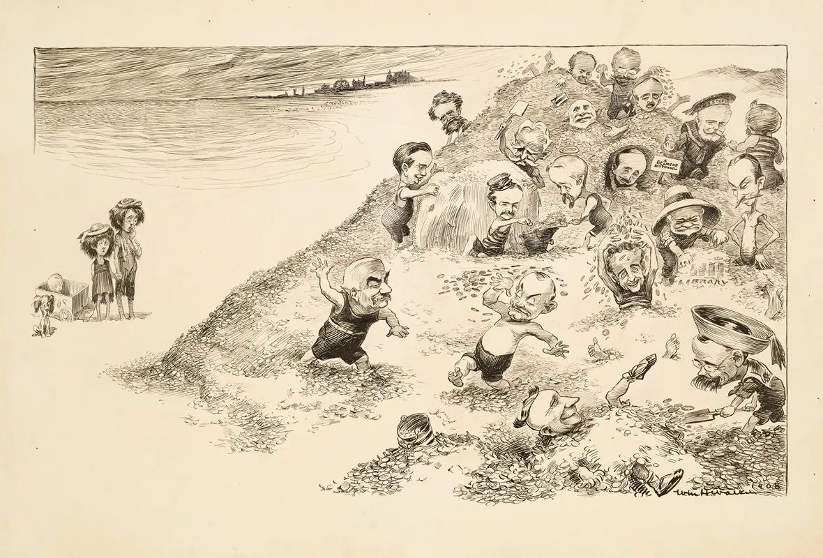 Men Including Andrew Carnegie Play On A Beach Made Of Coins Watched By Three Poor Children And Their Dogs