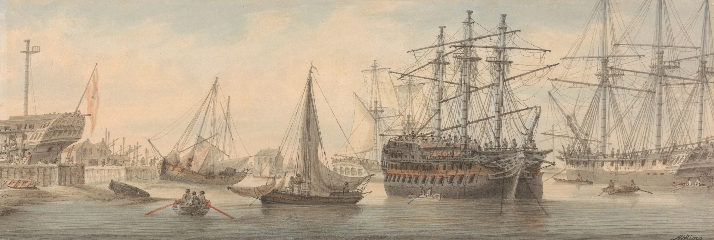 Men Of War And Other Shipping On The Thames Most Probably At Deptford by Samuel Atkins - Canvas Print