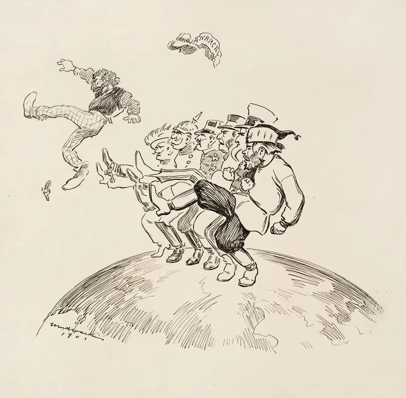 Men Representing Several European Countries Dance A Kick Line Together To Kick Out A Man Representing Anarchy