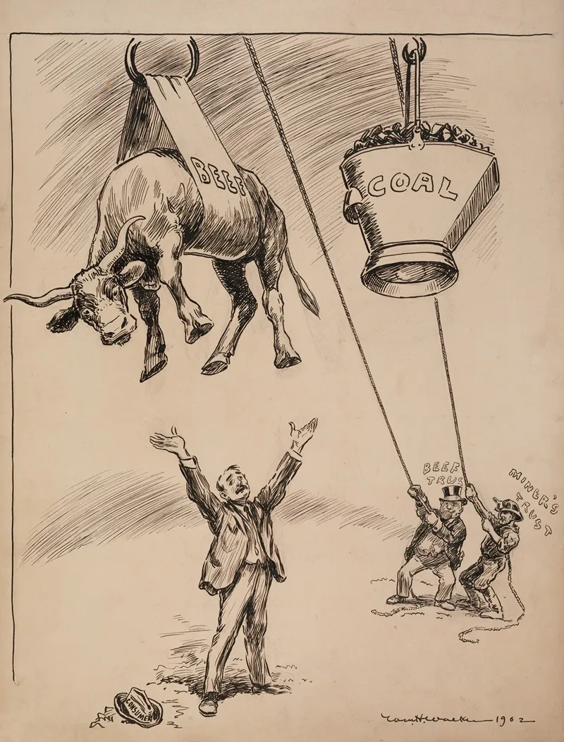 Men Representing The Beef And Miners Trusts Pull Beef And Coal Out Of The Reach Of A Man Representing Consumers