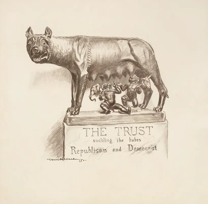 Men Representing The Democratic And Republican Parties Suckled By A Wolf Representing The Trusts