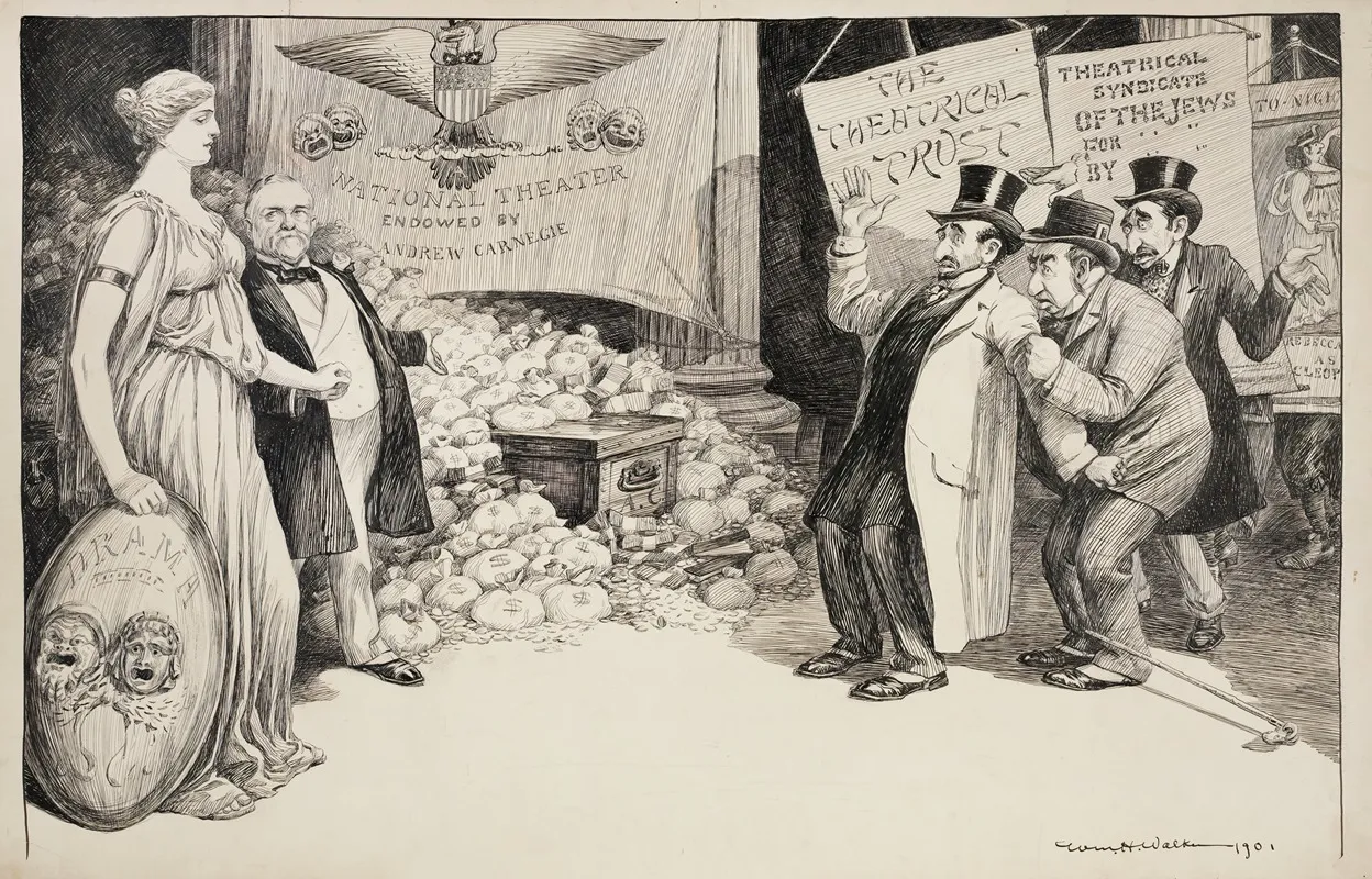 Men With Signs Reading Theatrical Trust And Theatrical Syndicate Of The Jews Are Frightened By The Approach Of A Woman Representing Drama