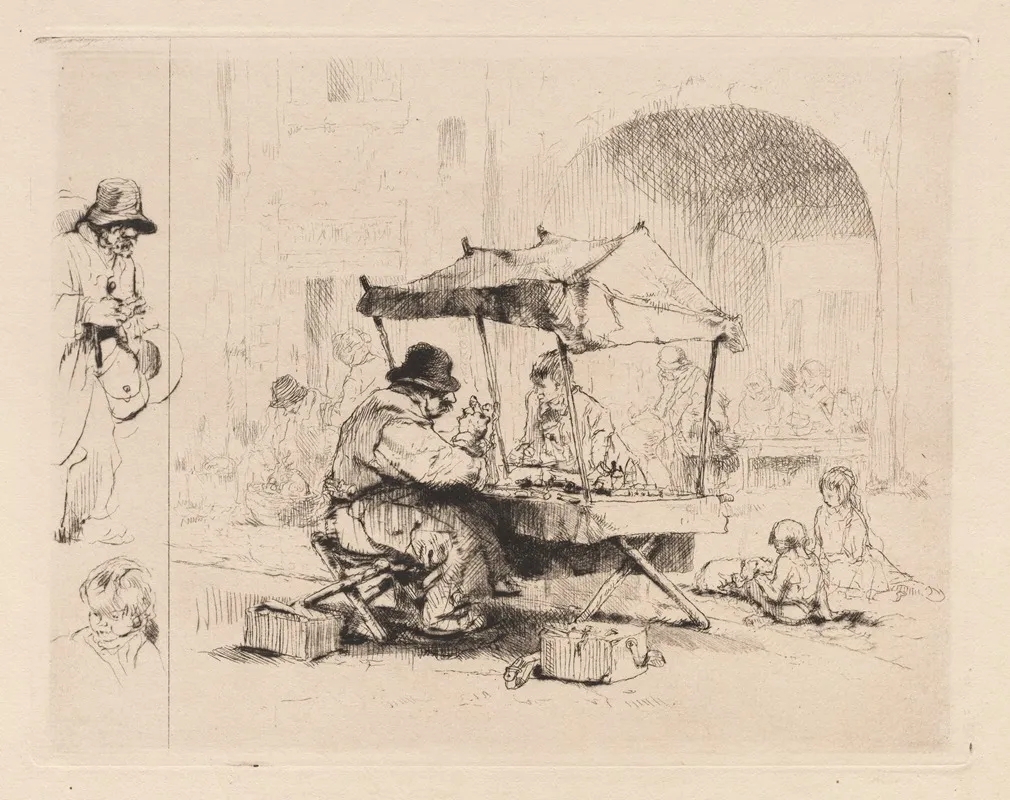 Merchant In His Stall With Children Playing by Auguste Brouet - Canvas Print