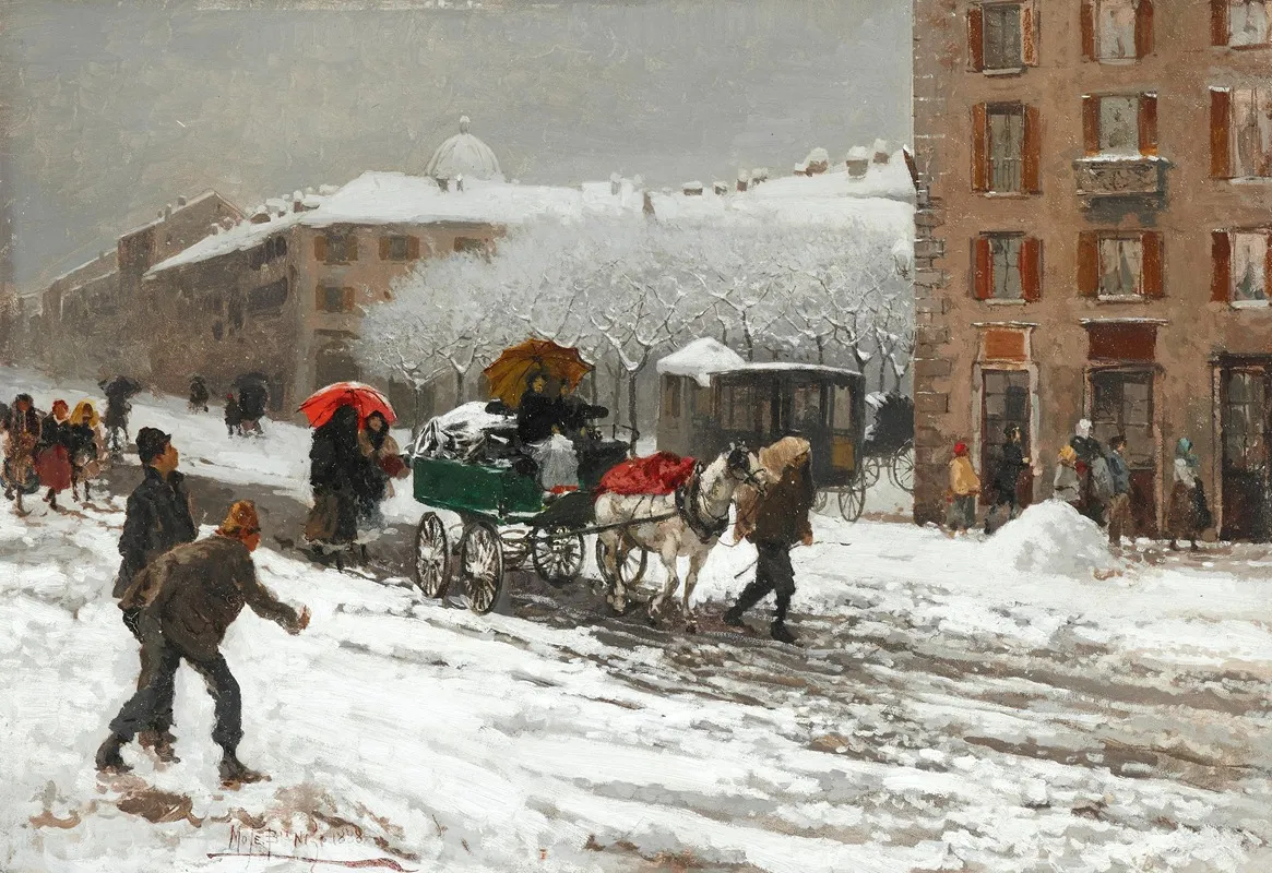Milano Nevicata In Citta Snowy City by Mosè Bianchi - Canvas Print
