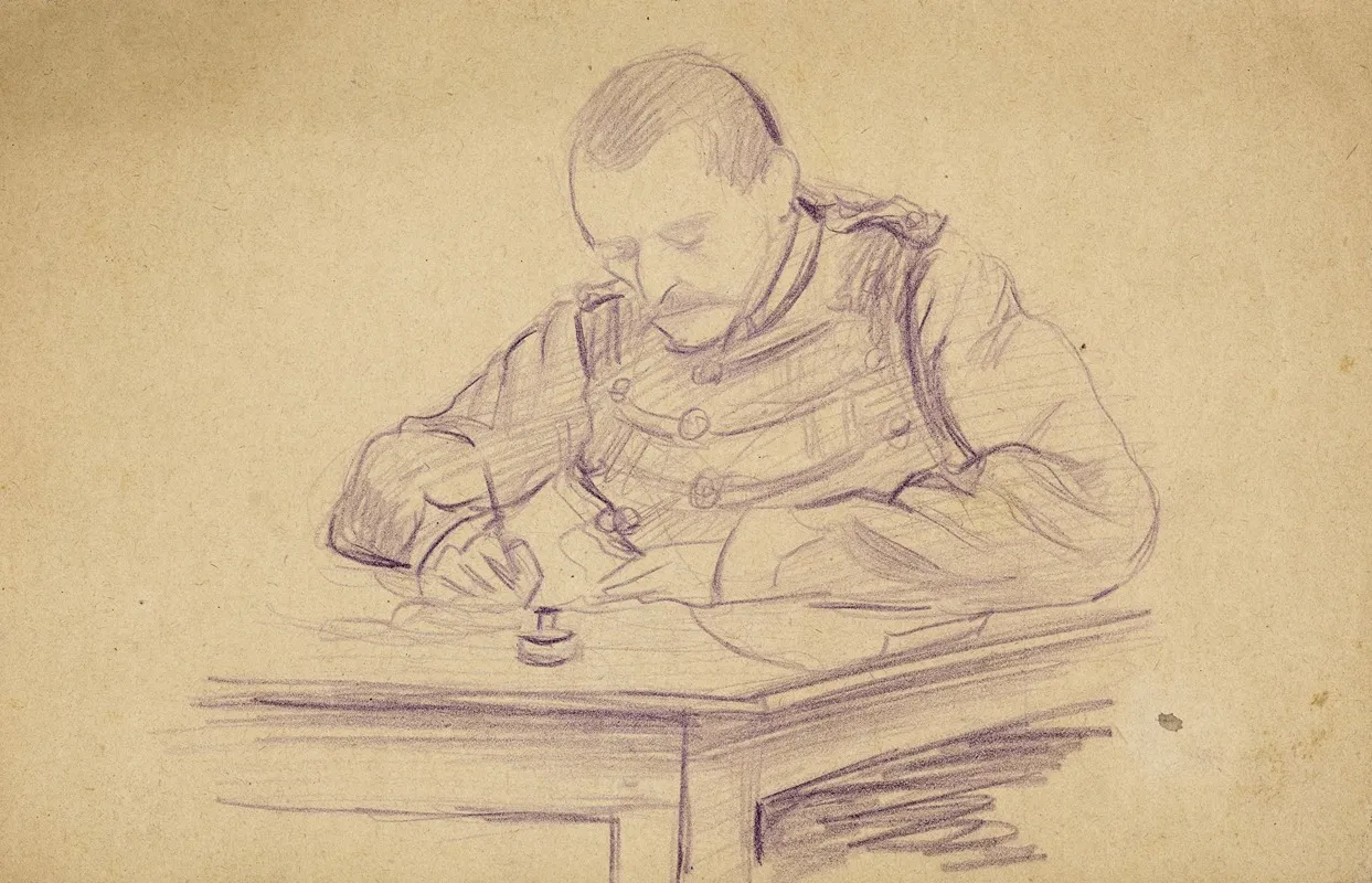 Militaire Assis A Un Bureau Ecrivant