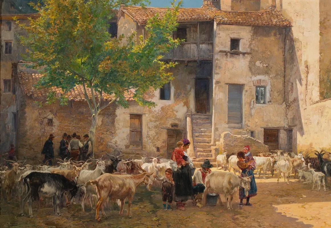 Milking Time In Anticoli Corrado by Mariano Barbasán - Canvas Print