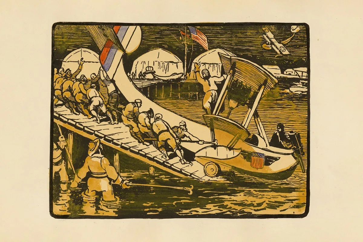 Mise A Leau Dun Hydravion Escadrille Americaine Du Cap Ferret Launching An Seaplane Part Of The American Flotilla At Cape Ferret by Maurice Busset - Canvas Print