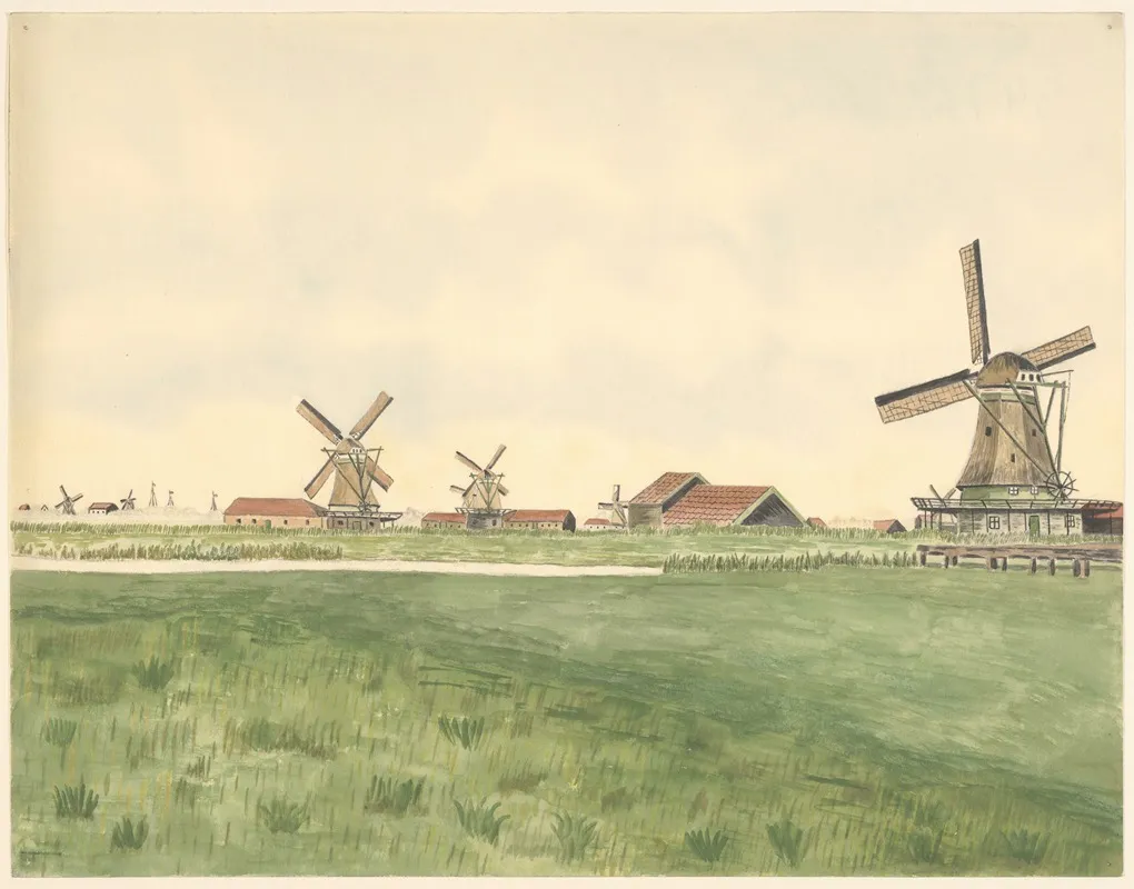 Molens Oliemolen De Prolpot Aan De Kalverringdijk Verbrand 1917 Met Andere Molens Links Op De Ahctergrond Scheepsmasten by Johannes Nicolaas Eijman - Canvas Print