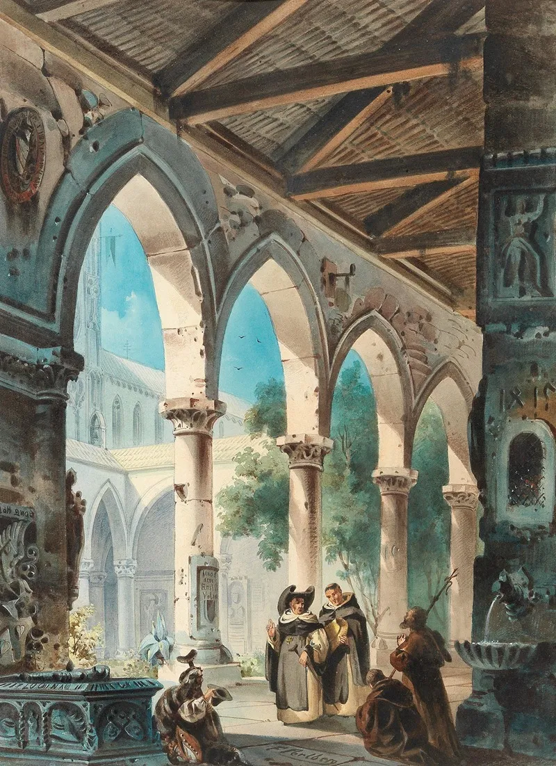 Monche Im Kreuzgang by Friedrich Perlberg - Canvas Print