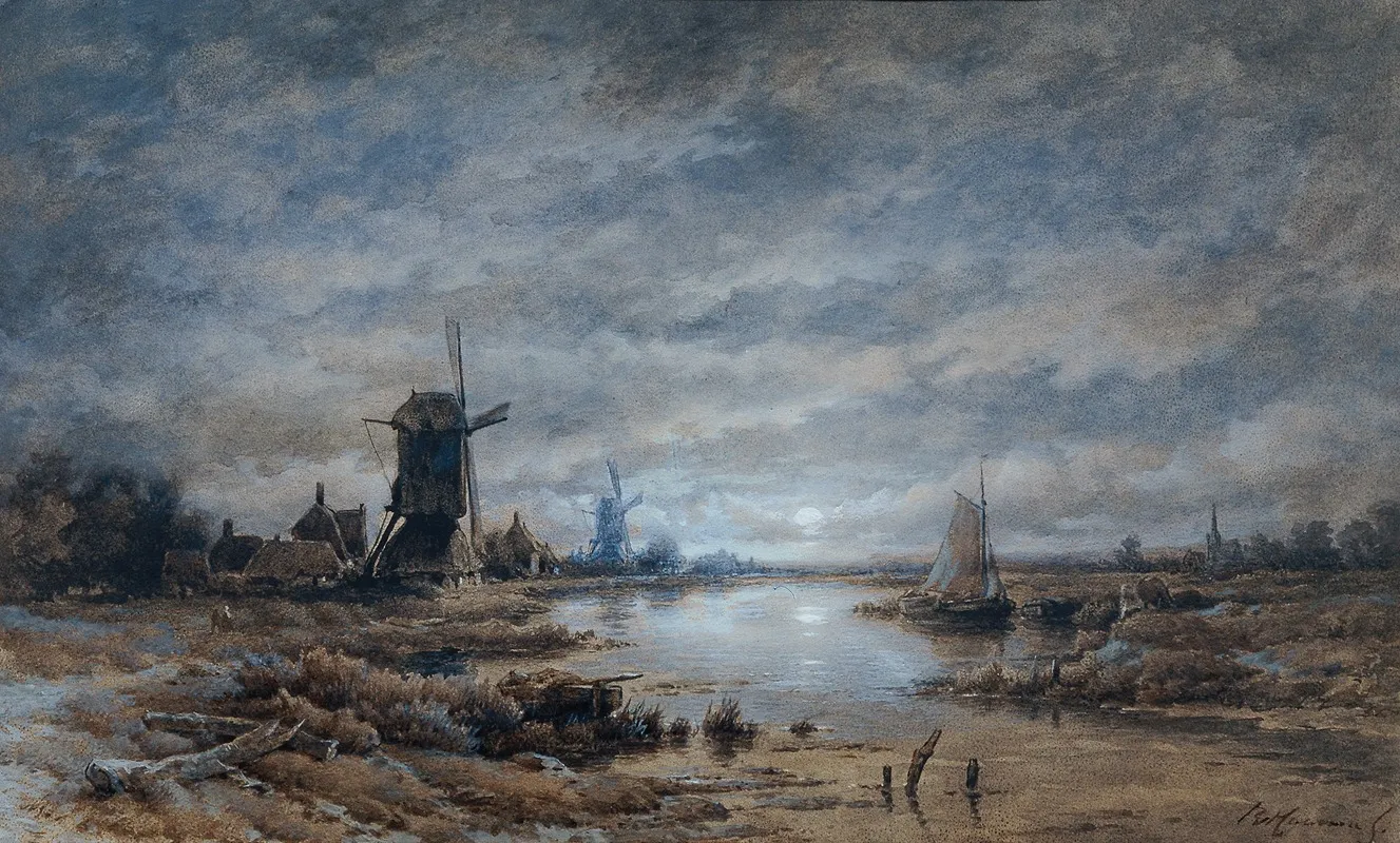 Mondnacht Kanallandschaft Mit Windmuhlen Und Schiffen