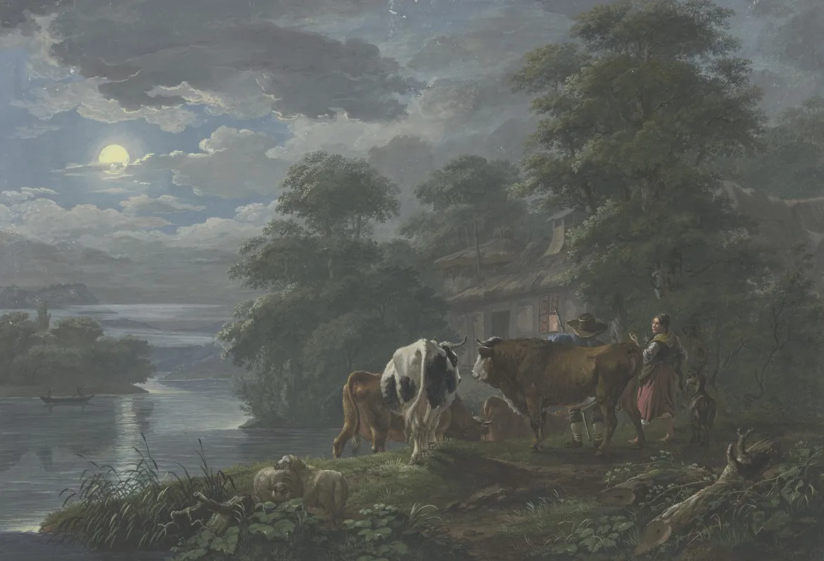 Mondscheinlandschaft An Einem Flus Hirte Und Hirtin Treiben Das Vieh Zum Hof