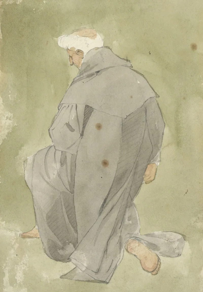 Monk Or Cleric With White Hair And Grey Robe Kneeling Back View