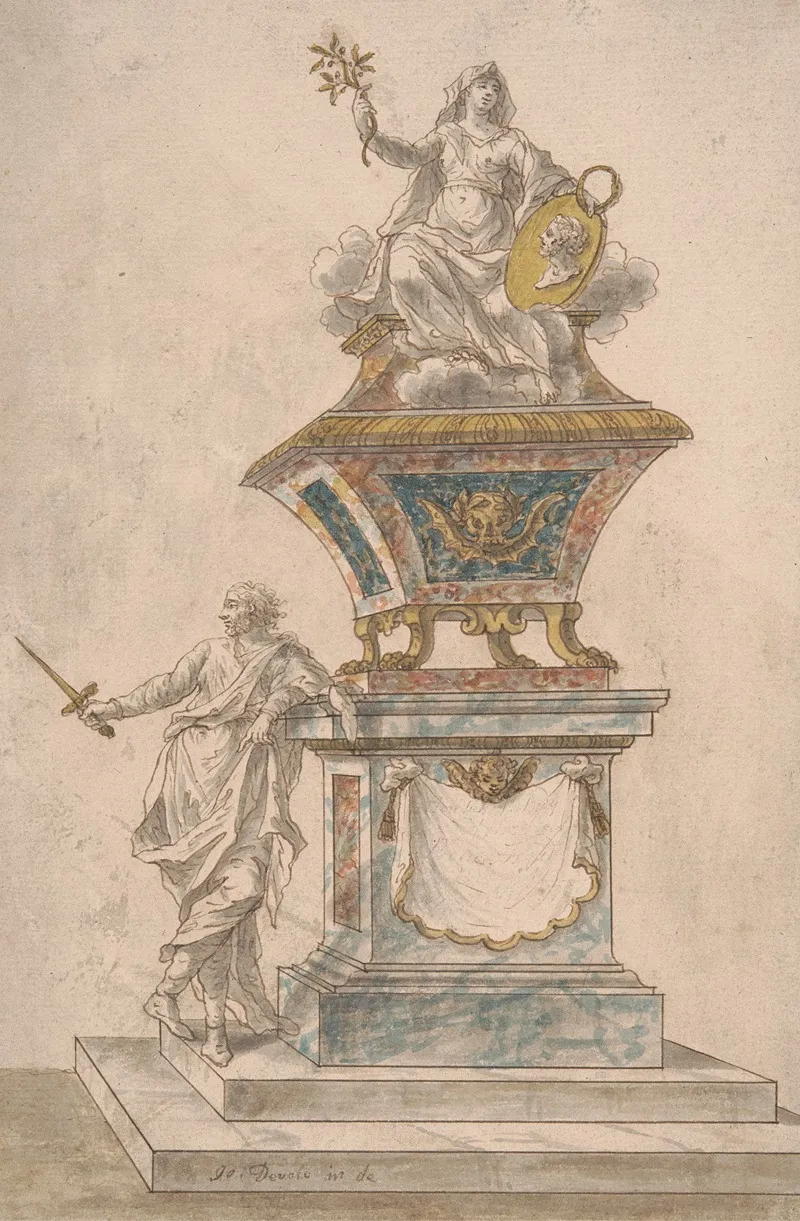 Monument Peace Seated Upon An Urn A Man With Drawn Sword Standing On The Base Of The Monument