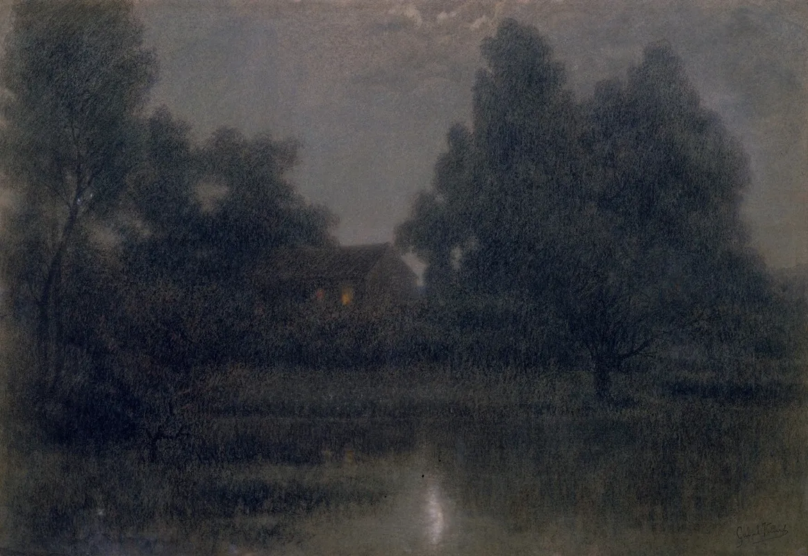 Moonlight Scene With House Lake And Trees by Gabriel Villard - Canvas Print