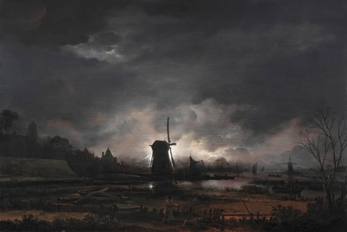 Moonlit Landscape With A Windmill by Aert van der Neer - Canvas Print