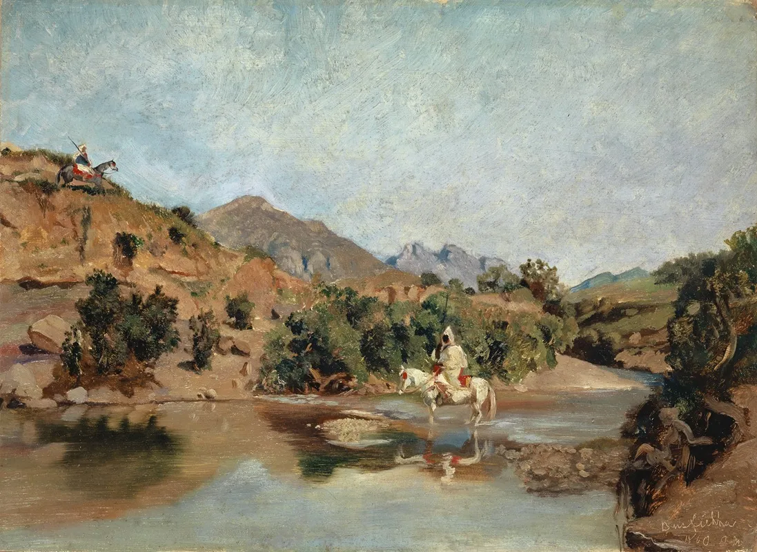 Moroccan Rider Crossing The Ford At Wad Boswicha