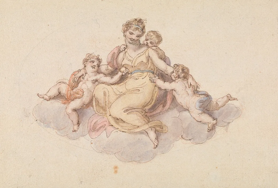 Mother And Children Seated On Cloud