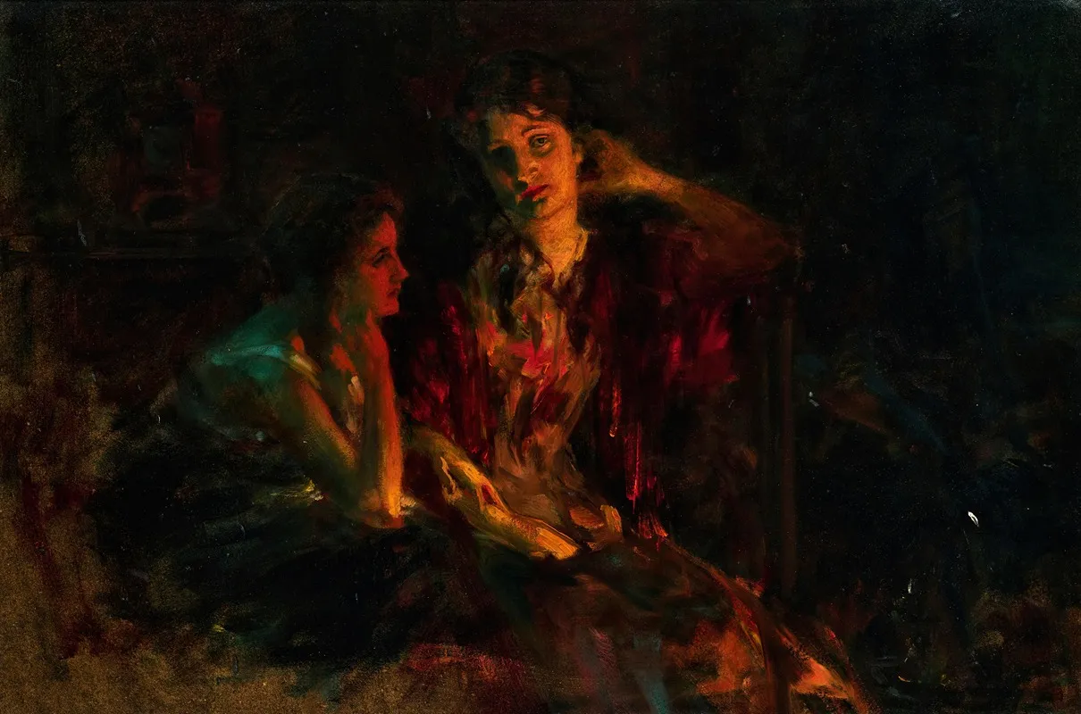 Mother And Daughter In The Glow Of The Stove