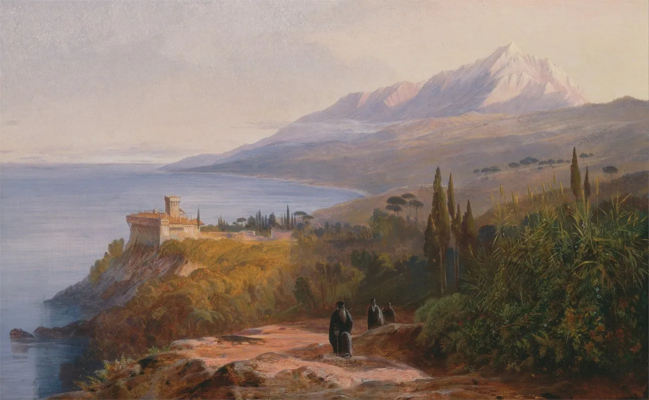 Mount Athos And The Monastery Of Stavroniketes by Edward Lear - Canvas Print
