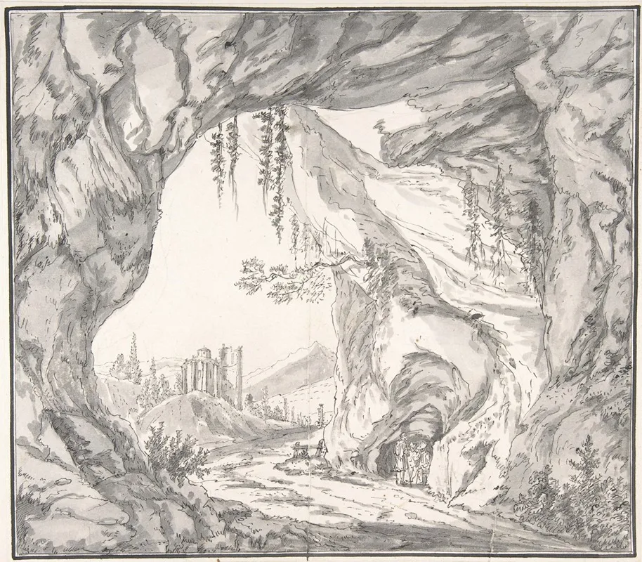 Mountainous Landscape With Ruins Of A Castle And Three Men In A Cave Seen Through A Stone Gate by Johann Caspar Huber - Canvas Print