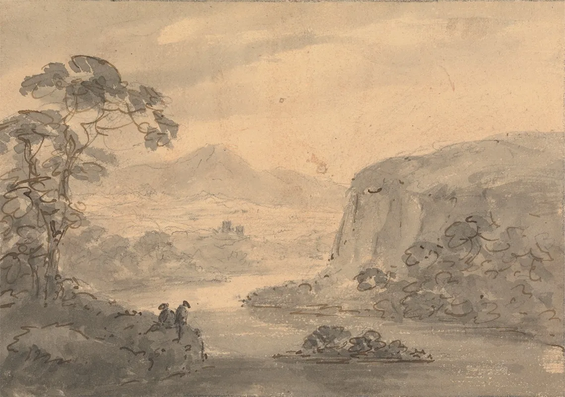Mountainous Landscape With Two Figures Overlooking A Lake