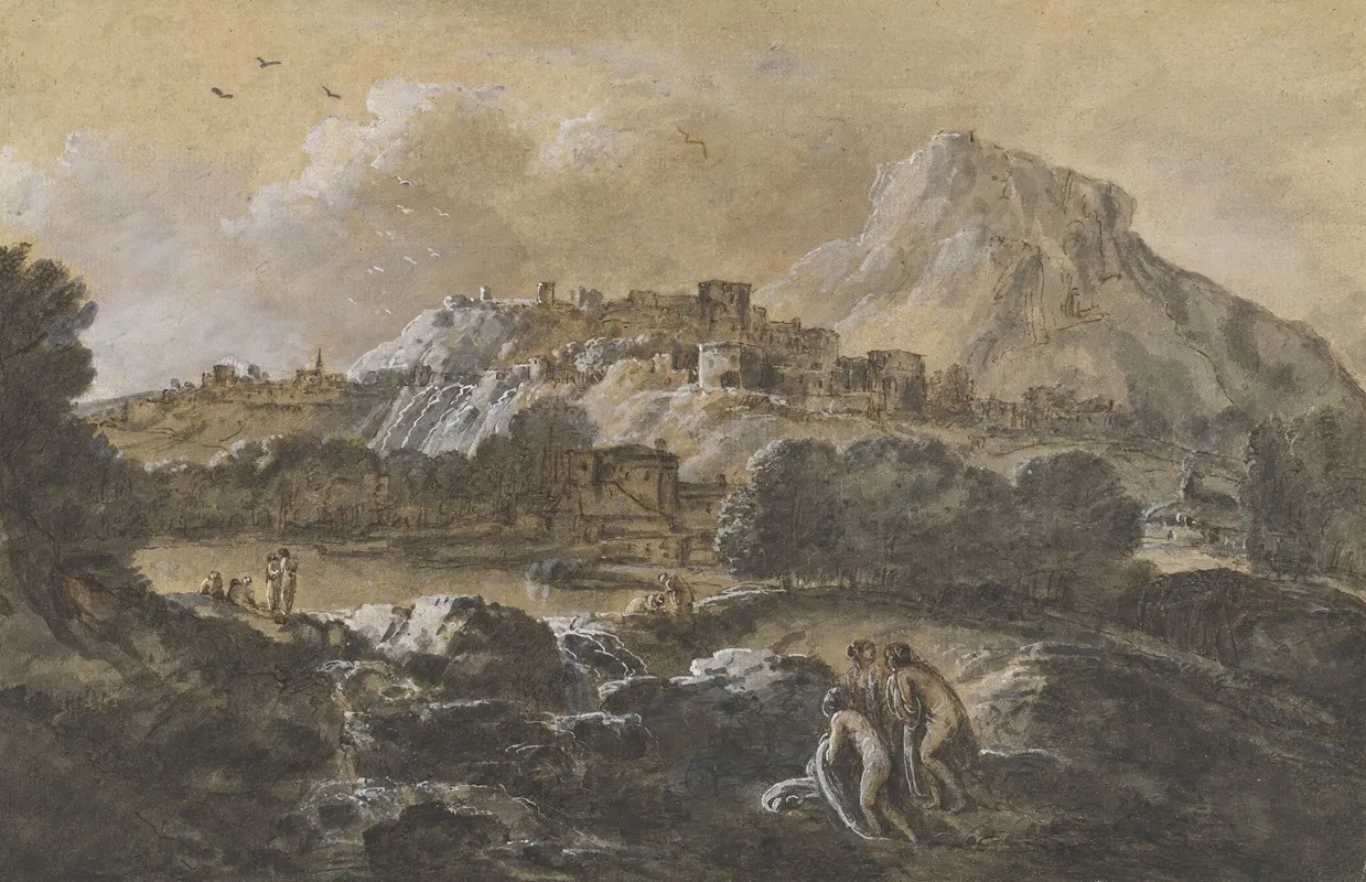 Mountainous River Landscape With Bathers