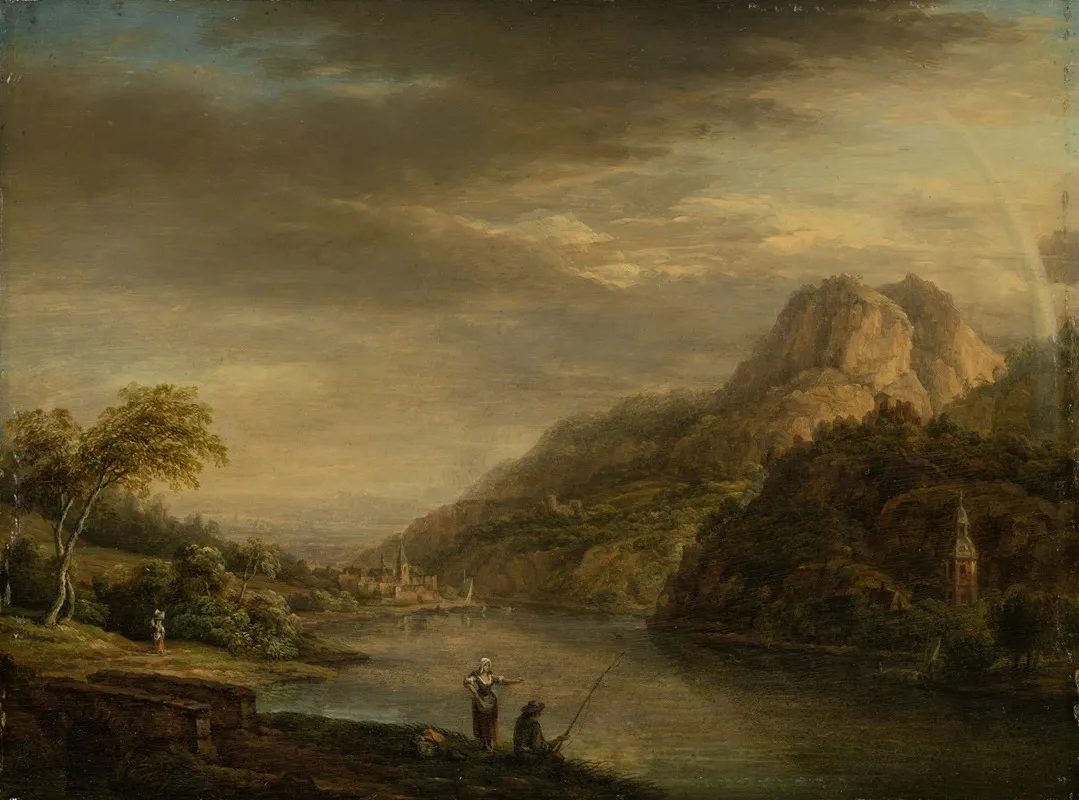 Mountainous River Landscape With Rainbow
