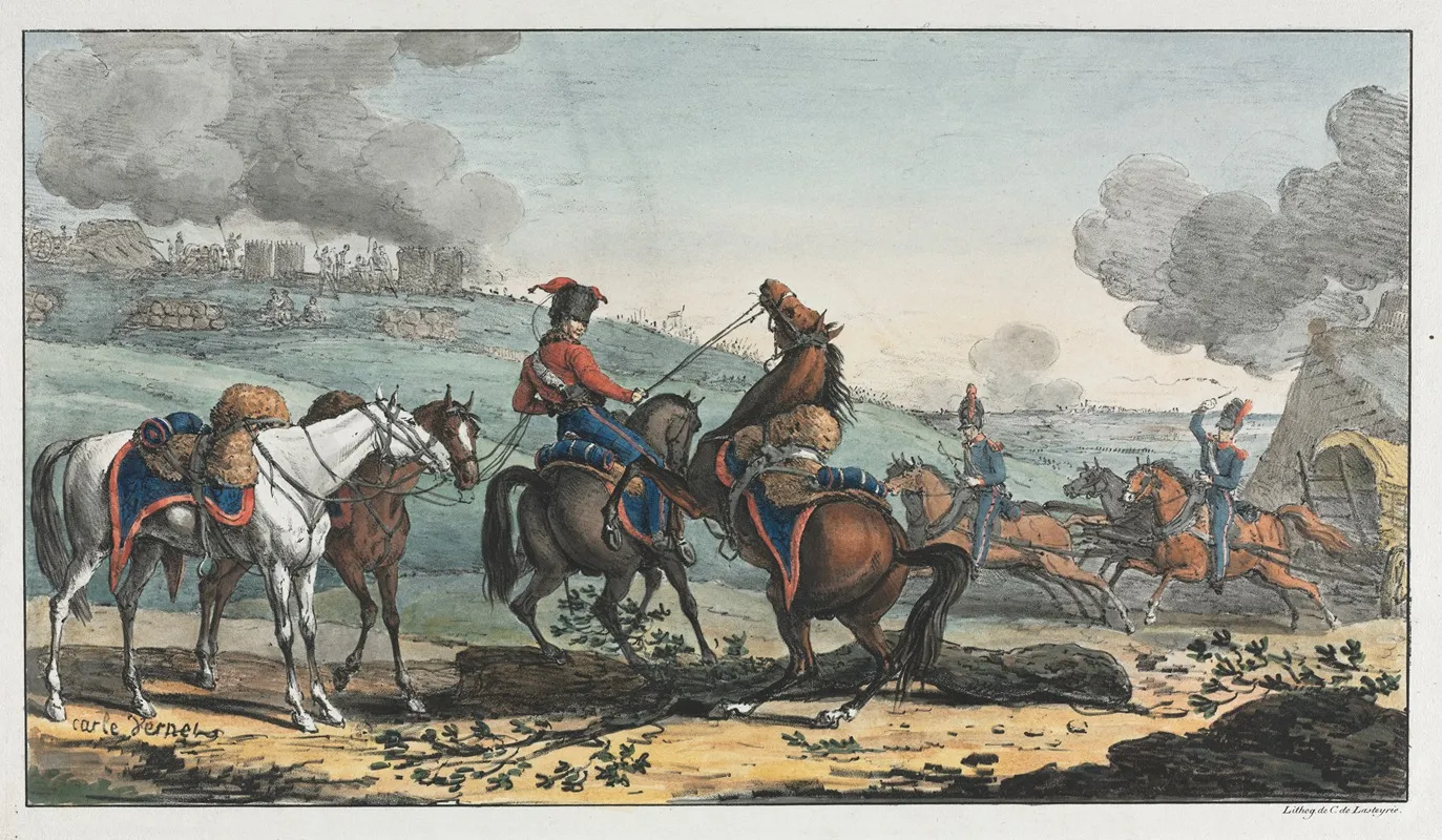Mounted Artilleryman Leading Three Horses by Carle Vernet - Canvas Print