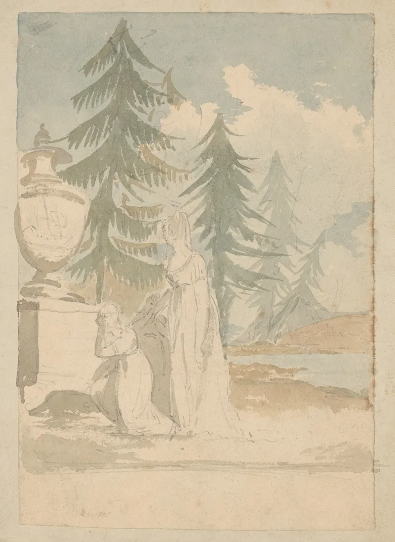 Mourning Scene With Mother And Two Children By Monument Near Pine Trees