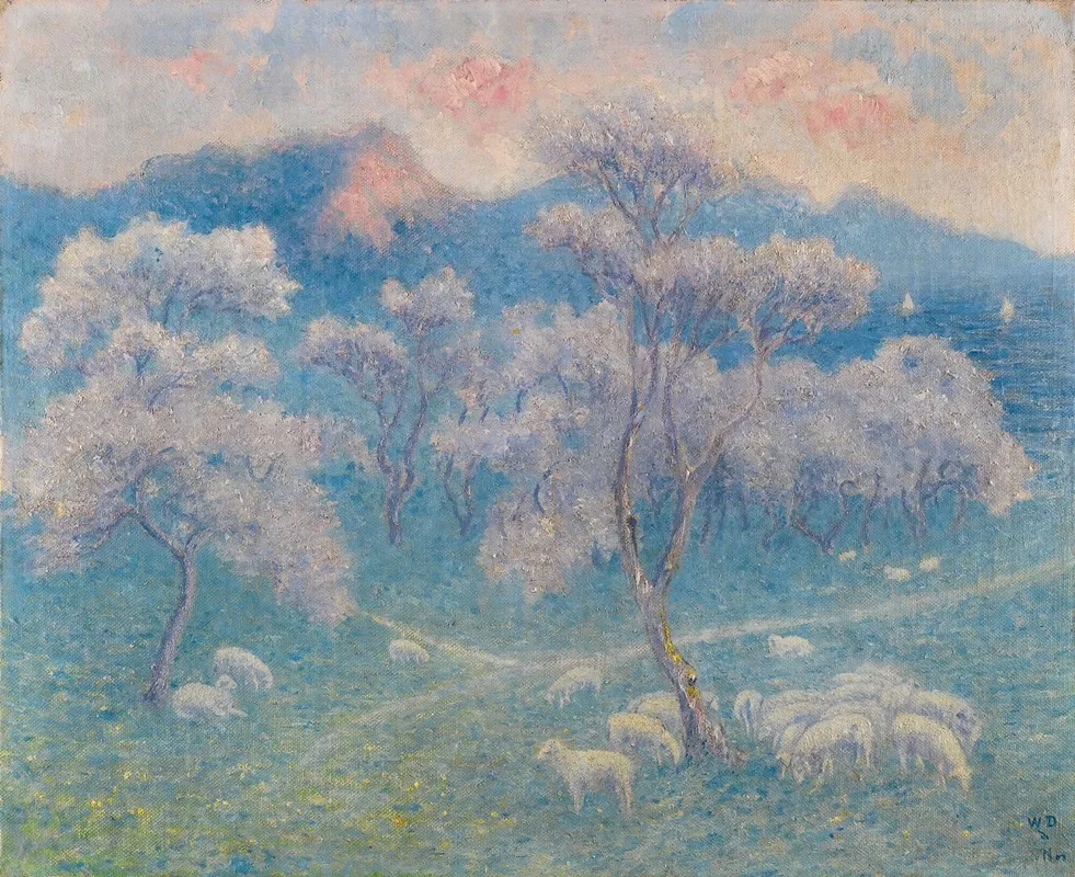 Moutons Aux Amandiers by William Degouve de Nuncques - Canvas Print