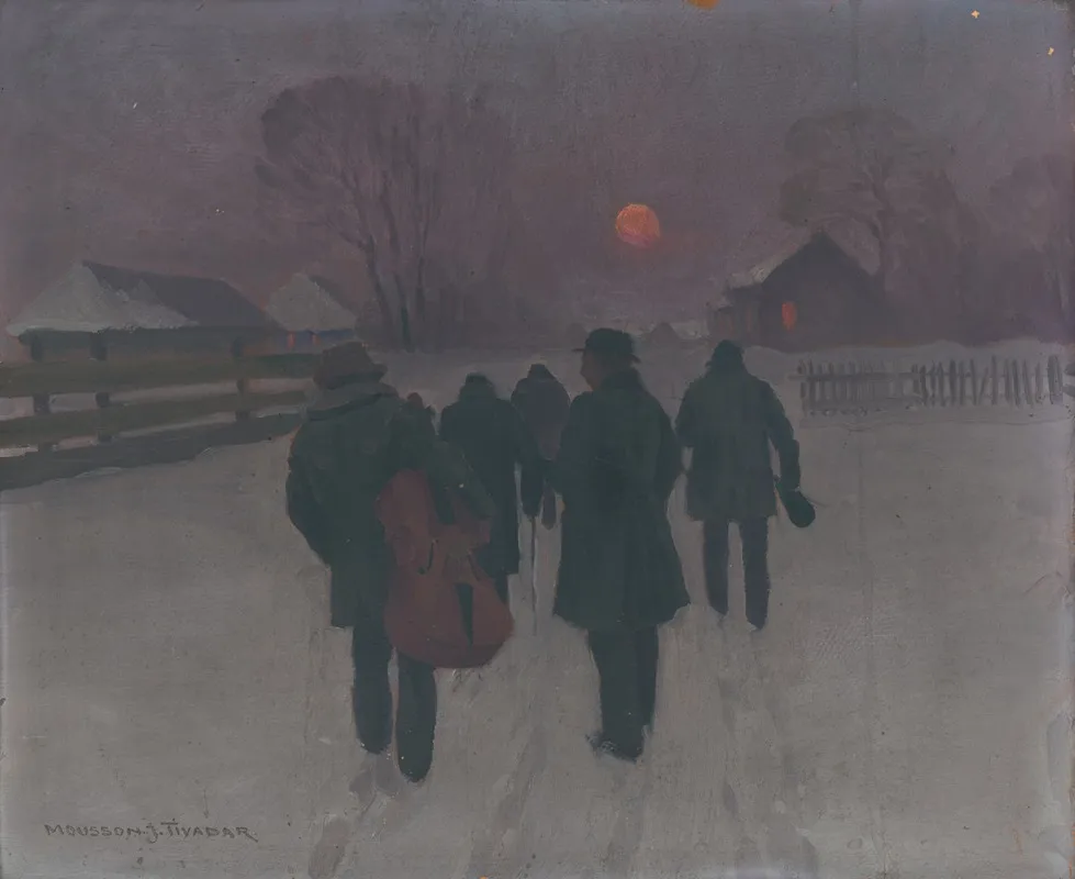 Musicians Returning In The Early Morning Through Snowed Landscape