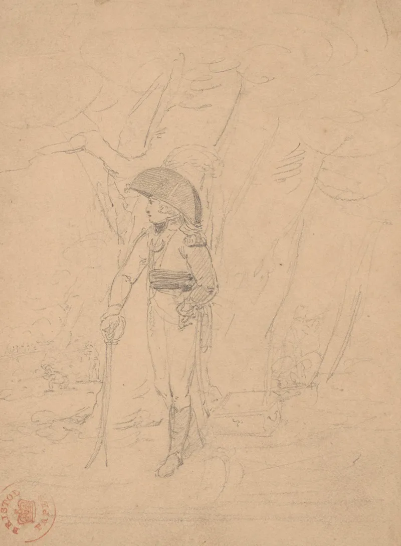 Napoleonic Officer Standing Beside Tree And Chest
