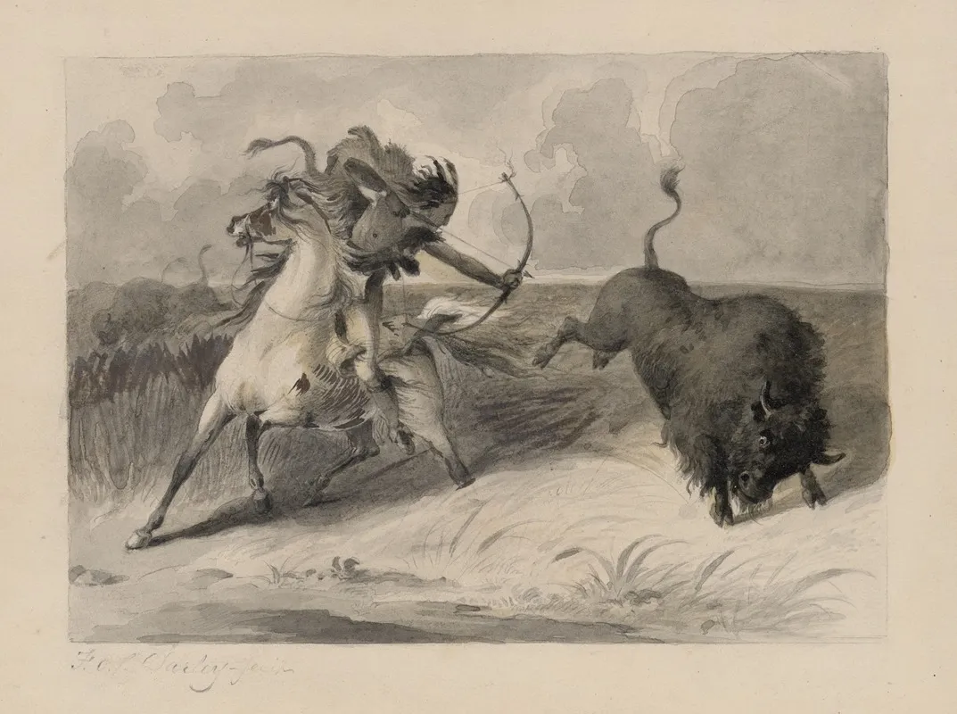 Native American On Horseback Hunting Buffalo