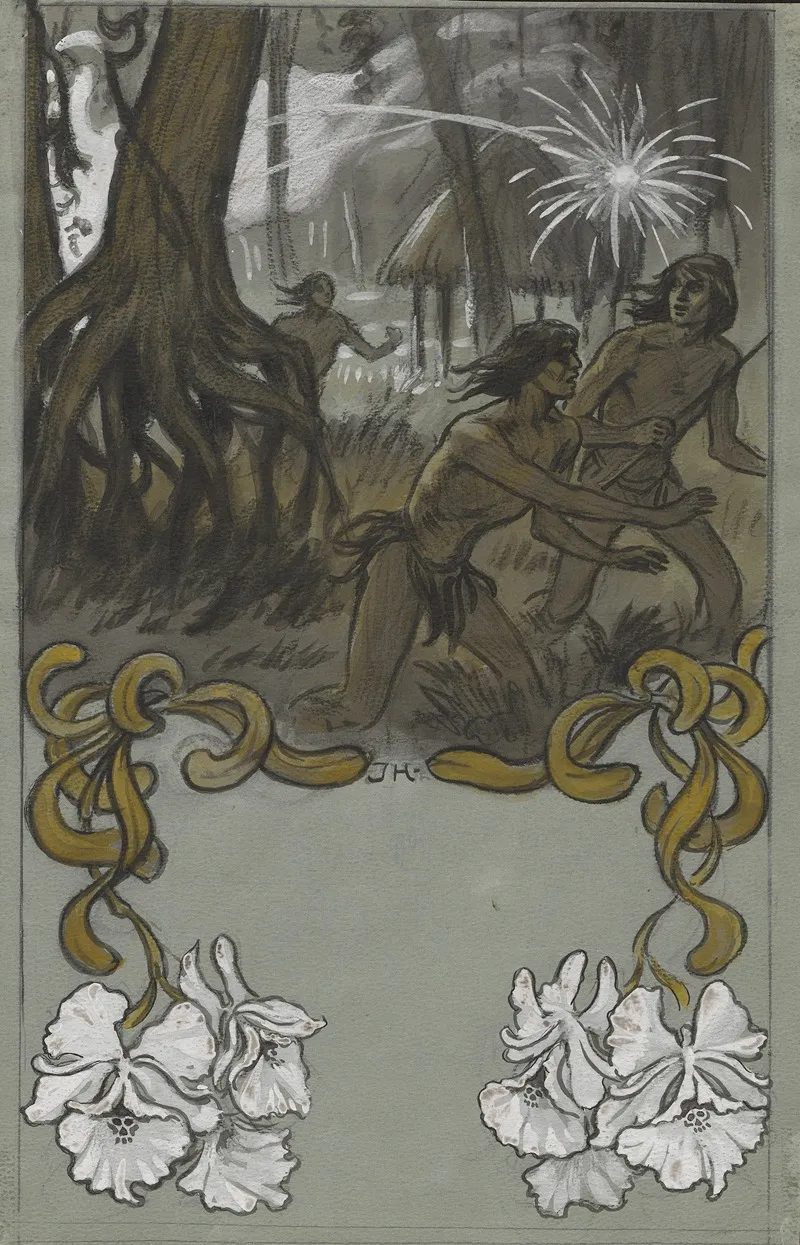 Natives Fleeing Gunfire Near A Large Mangrove Tree