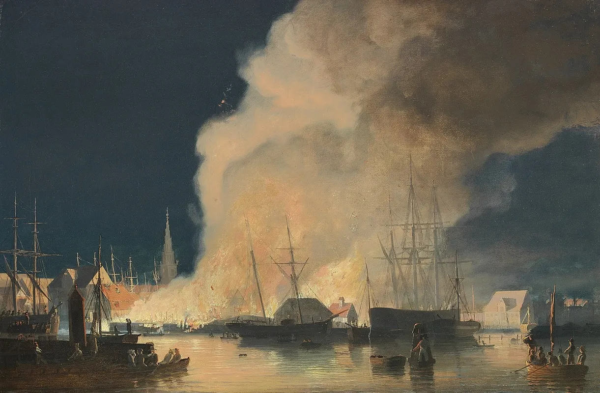 Natlig Brand Pa Christianshavnersiden Af Kobenhavns Havn by Carl Frederik Sørensen - Canvas Print