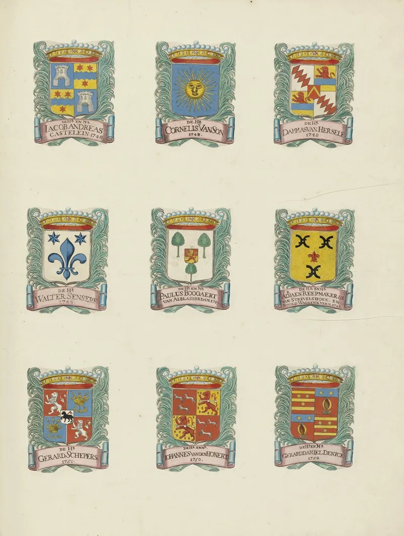 Negen Wapens Van Raden In De Vroedschap Van Rotterdam Rechtsboven Het Wapen Van Dammas Van Hersele by Johannes de Vouw - Canvas Print