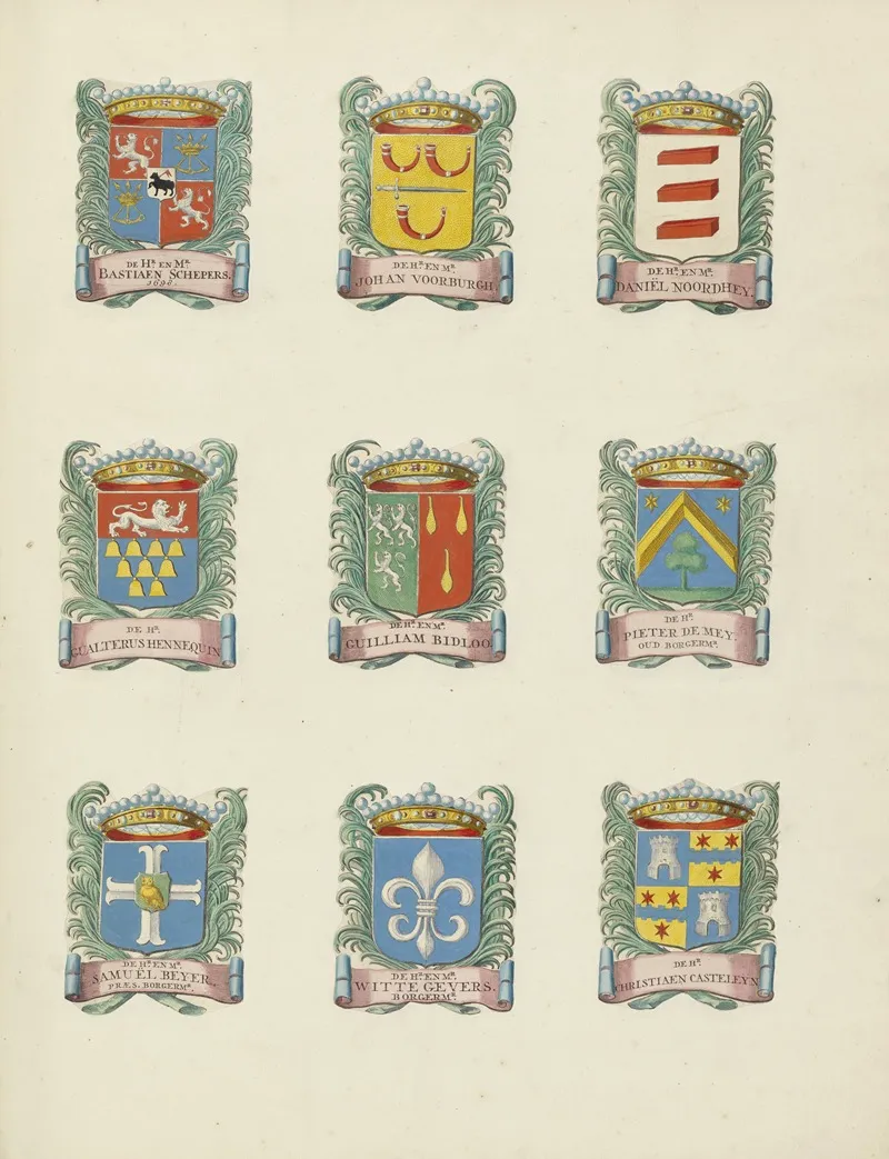 Negen Wapens Van Raden In De Vroedschap Van Rotterdam Rechtsboven Het Wapen Van Daniel Noordhey by Johannes de Vouw - Canvas Print