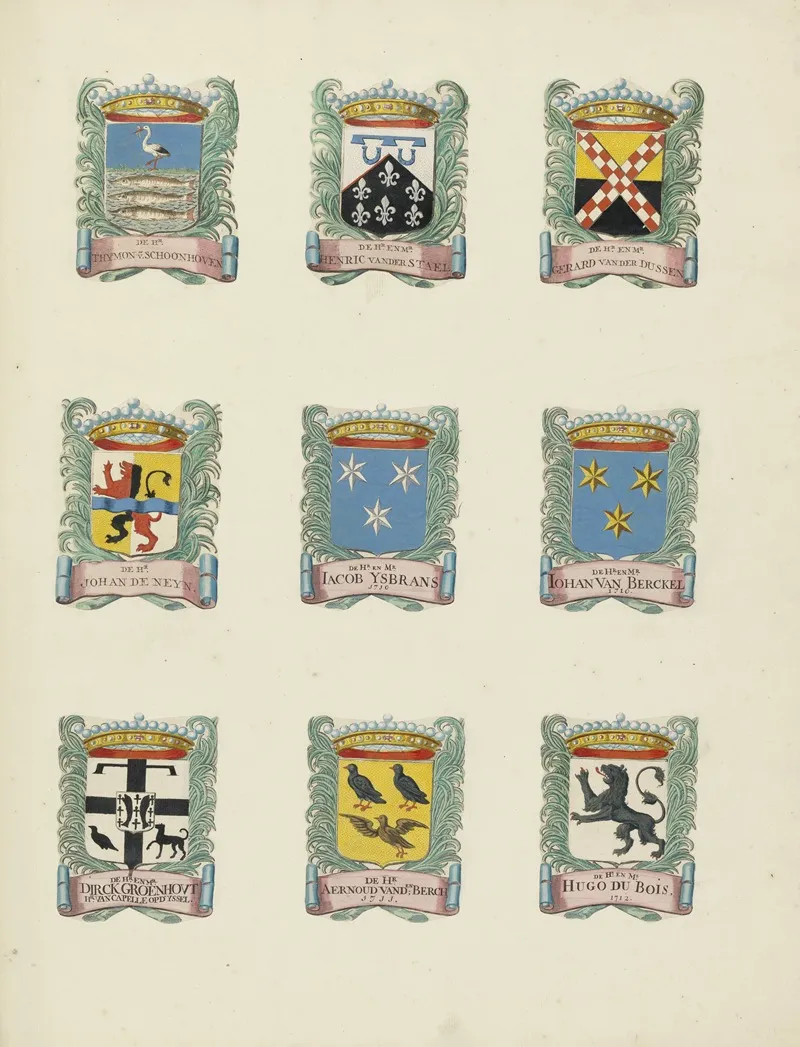 Negen Wapens Van Raden In De Vroedschap Van Rotterdam Rechtsboven Het Wapen Van Gerard Van Der Dussen by Johannes de Vouw - Canvas Print