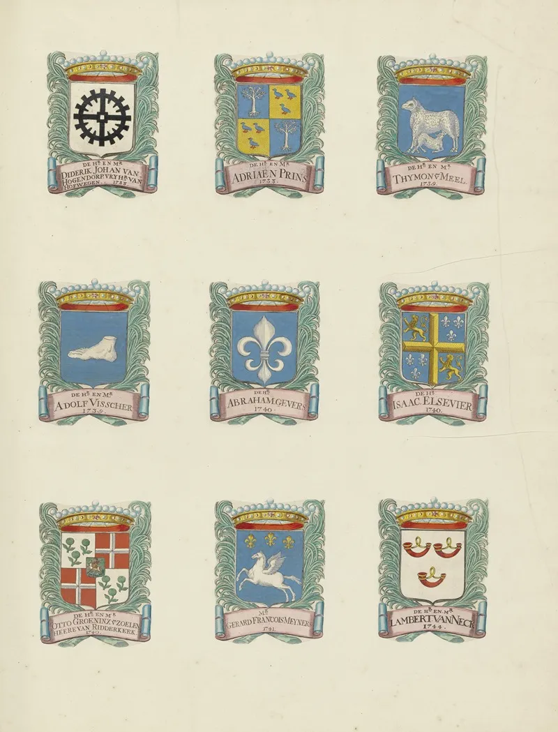Negen Wapens Van Raden In De Vroedschap Van Rotterdam Rechtsboven Het Wapen Van Thimon Van Meel by Johannes de Vouw - Canvas Print
