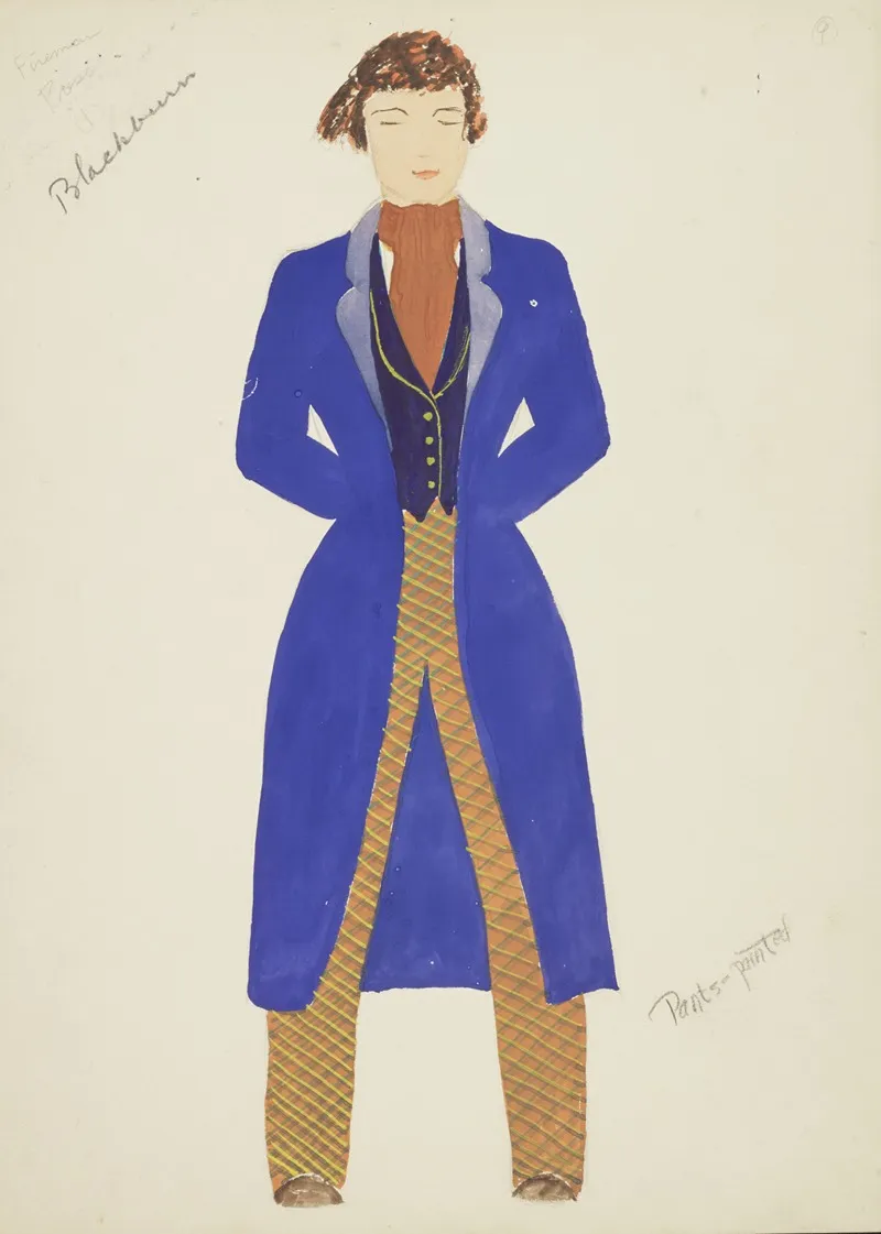New York Fireman Blue Coat Purple Waistcoat Brown Cravat Patterned Yellow Trousers